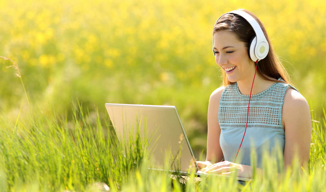 girl, a laptop, sun, grass, field, smile, pose, news, investment, sticker, earpiece