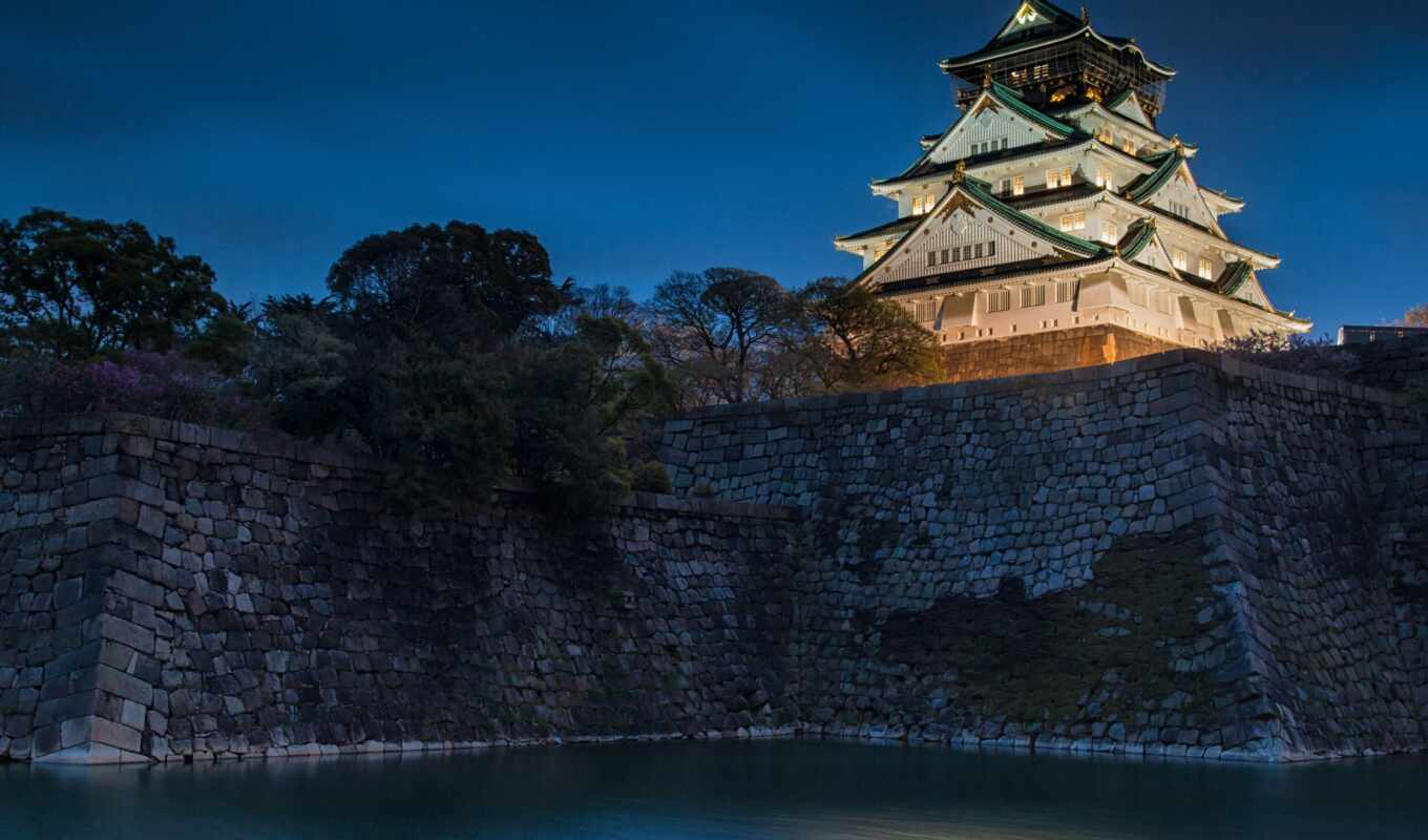 sky, background, tree, castle, japanese, park, illumination, Japan, osaka