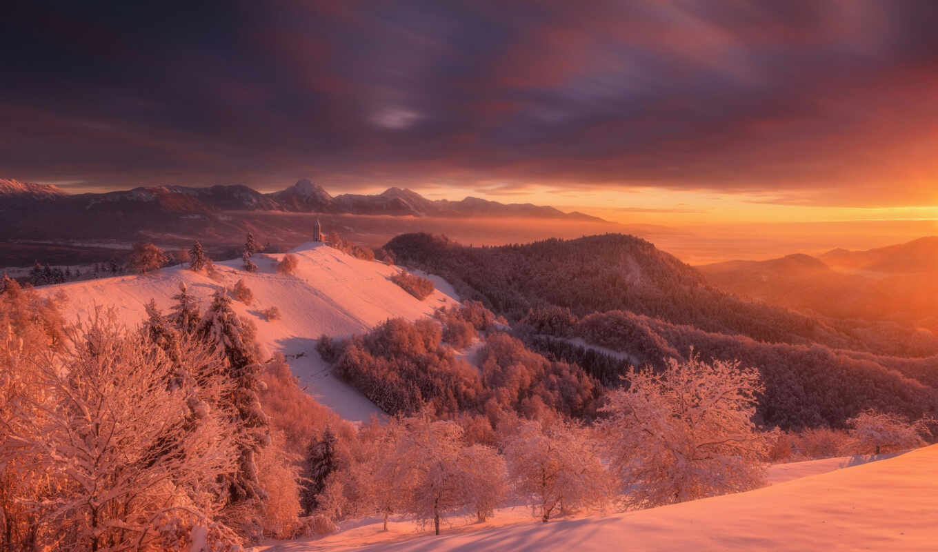 дерево, закат, снег, рассвет, winter, лес, гора, hill, slovenia