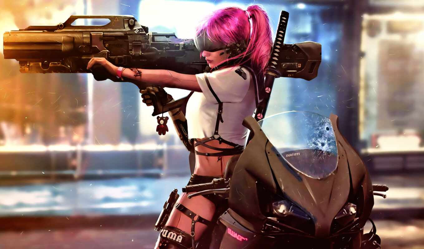 girl, weapon, gin, cyberpunk