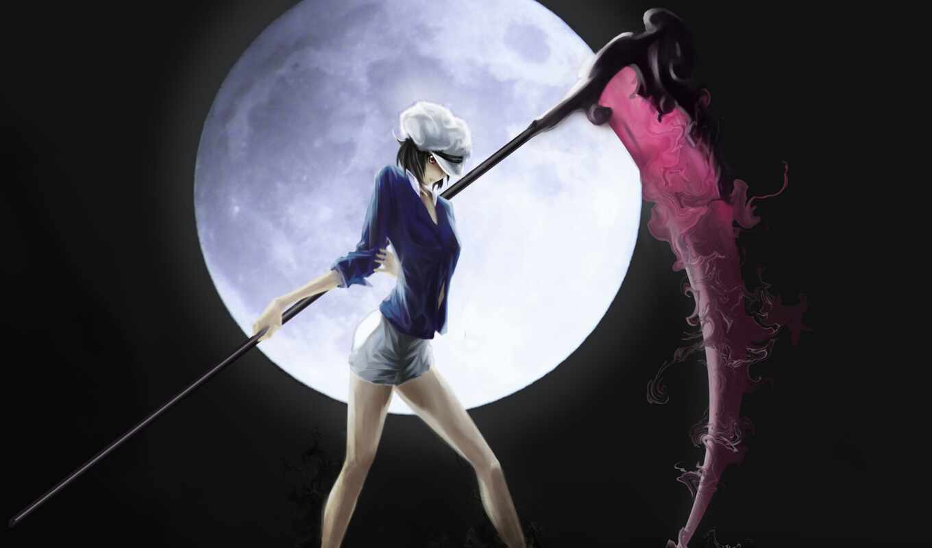 view, girl, skull, anime, moon, weapon, pants, cat, a cap, death, pigtail