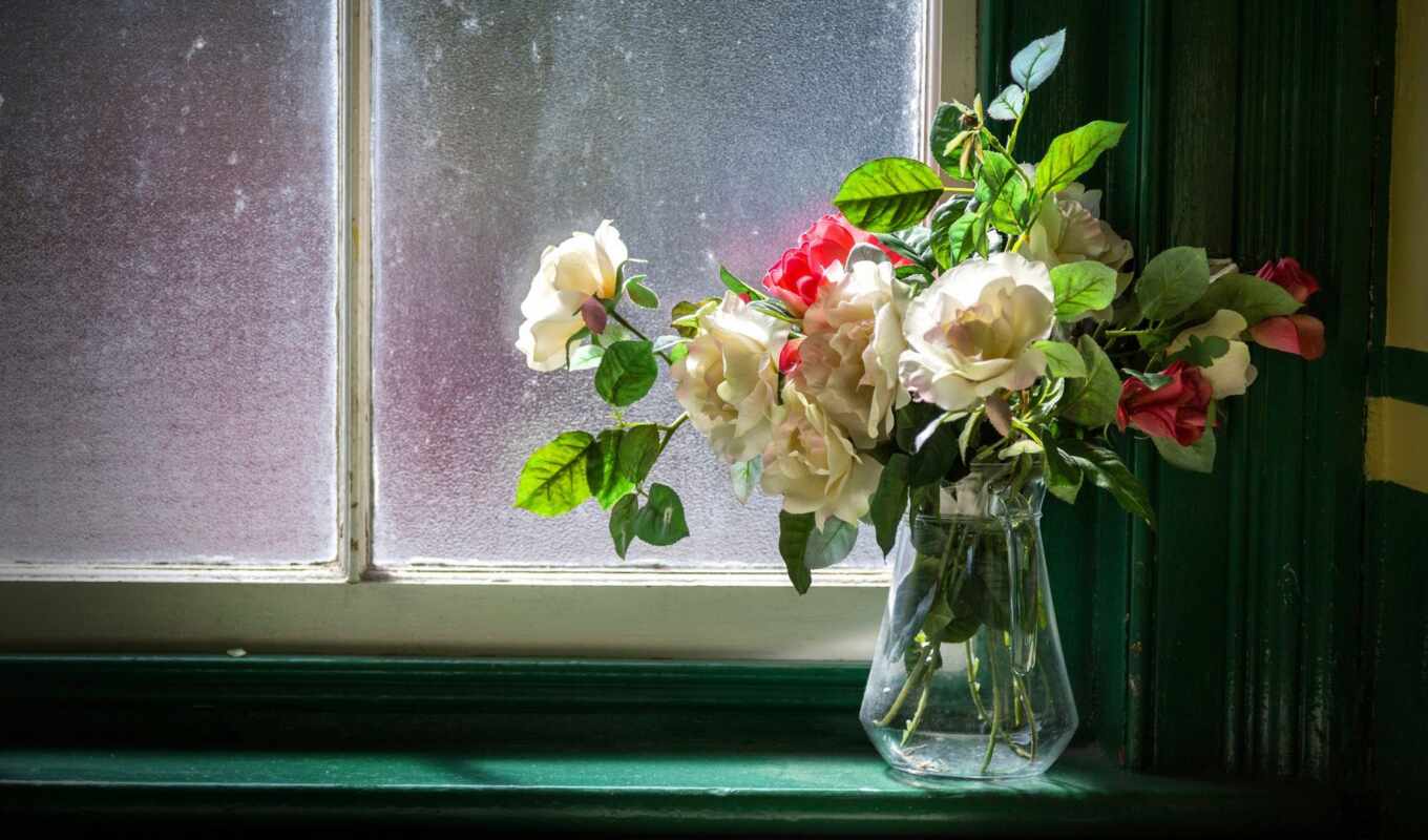 flowers, picture, window, flowers, vase, cvety