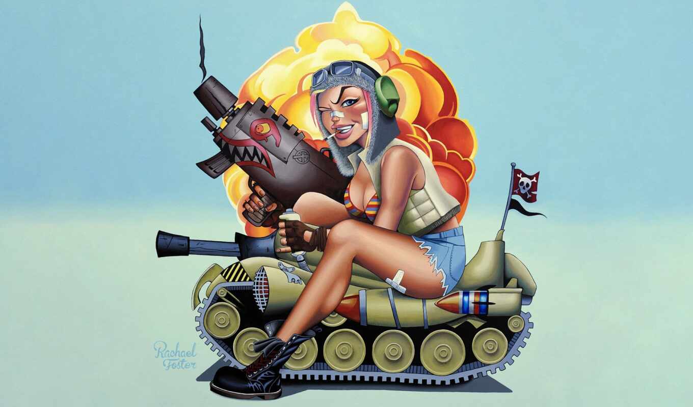 art, girl, drawing, weapon, tank, concept, personality, illustration, comic book, fictional