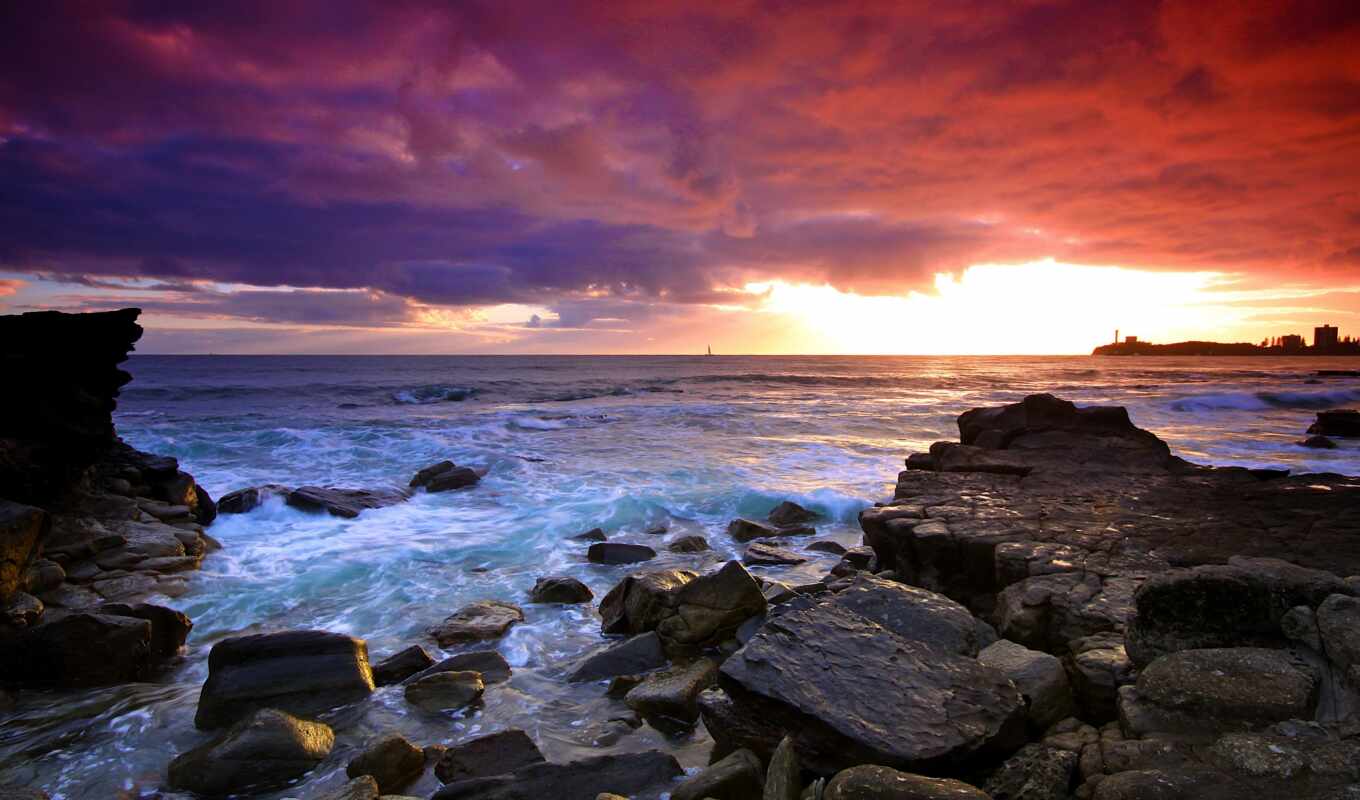 nature, sky, sunset, landscape, sea, coast, horizon, stones