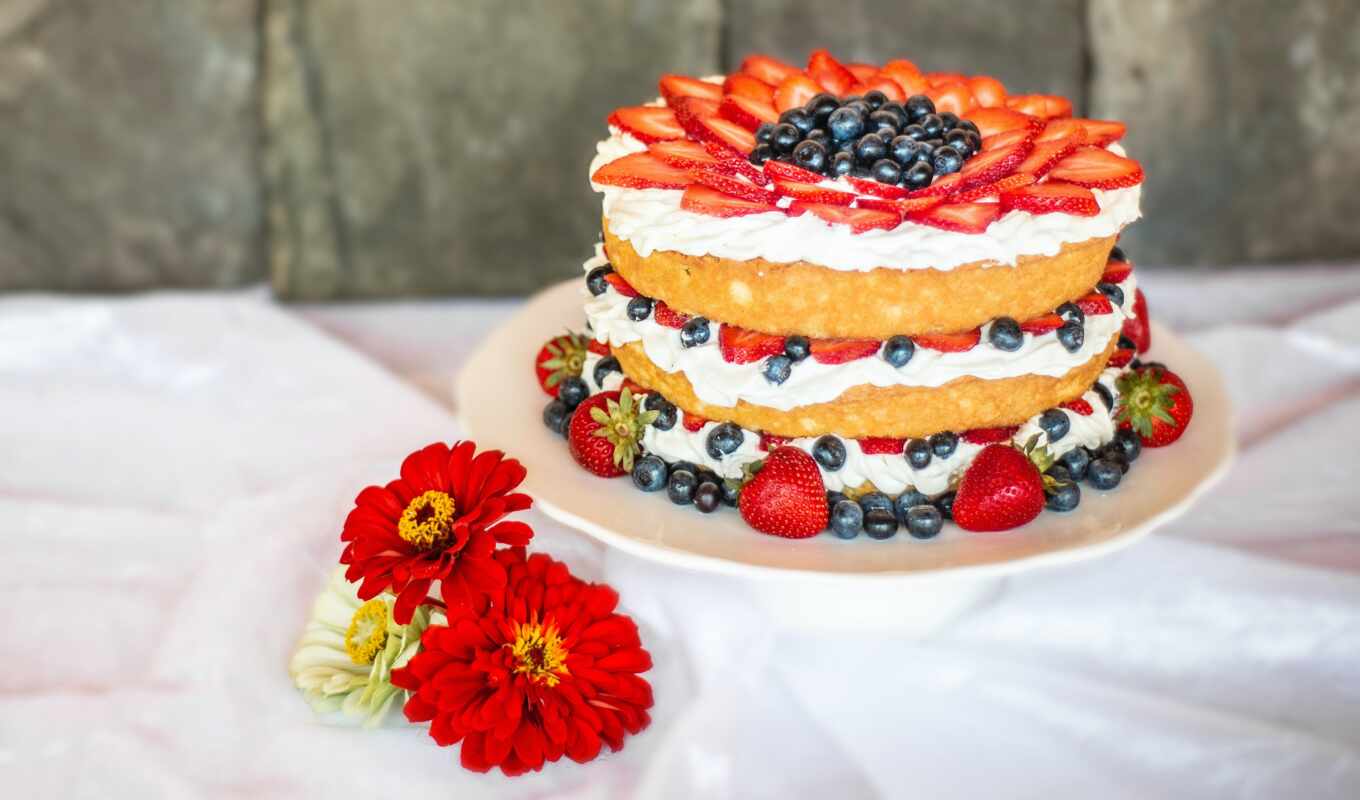 цветы, red, fresh, мороженое, клубника, торт, ягода, vanilla, черника, layer