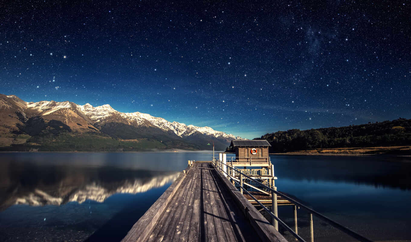 lake, nature, sky, night, water, mountain, landscape, pier, star, reflection