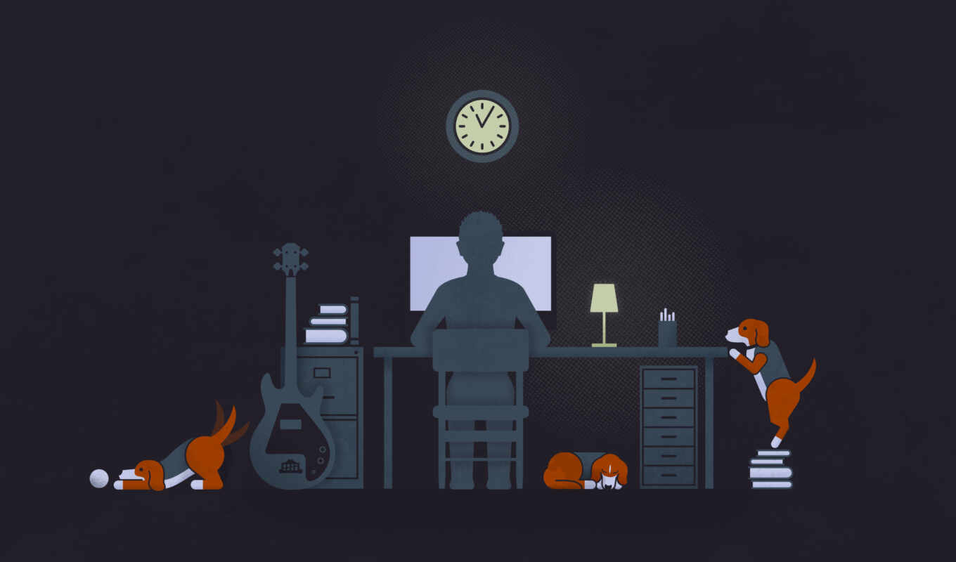 black, desk, картинка, computer, гитара, парень, dogs, illustration, лампы, solitude