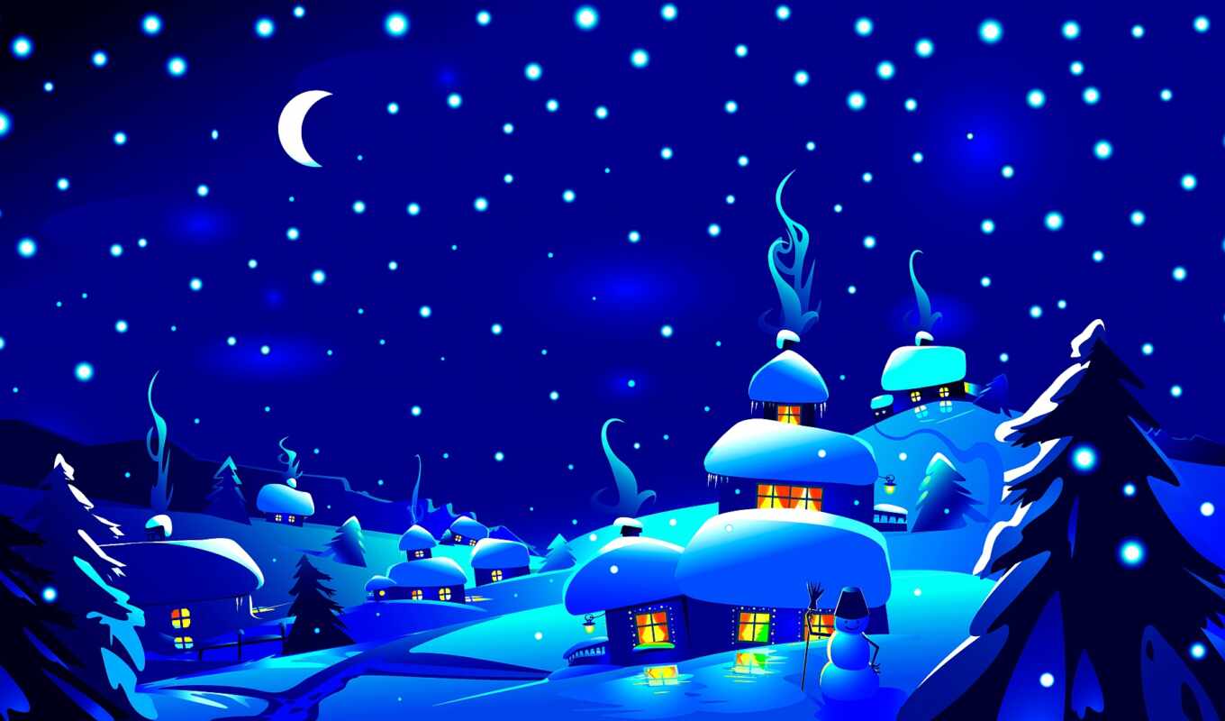 небо, вектор, ночь, луна, снег, winter, landscape, christmas, star, illustration