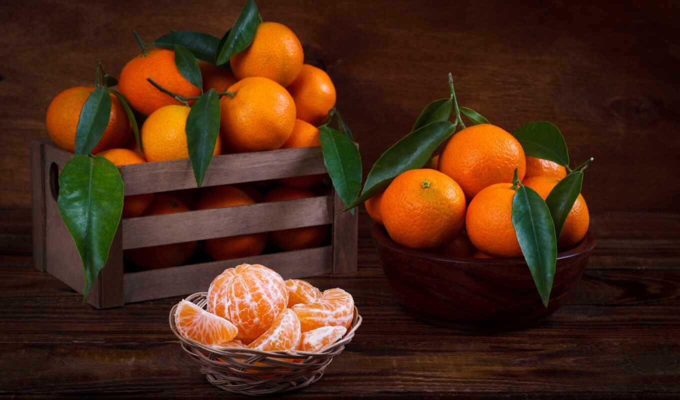 листва, mandarin, еды, мандарины, mandarine