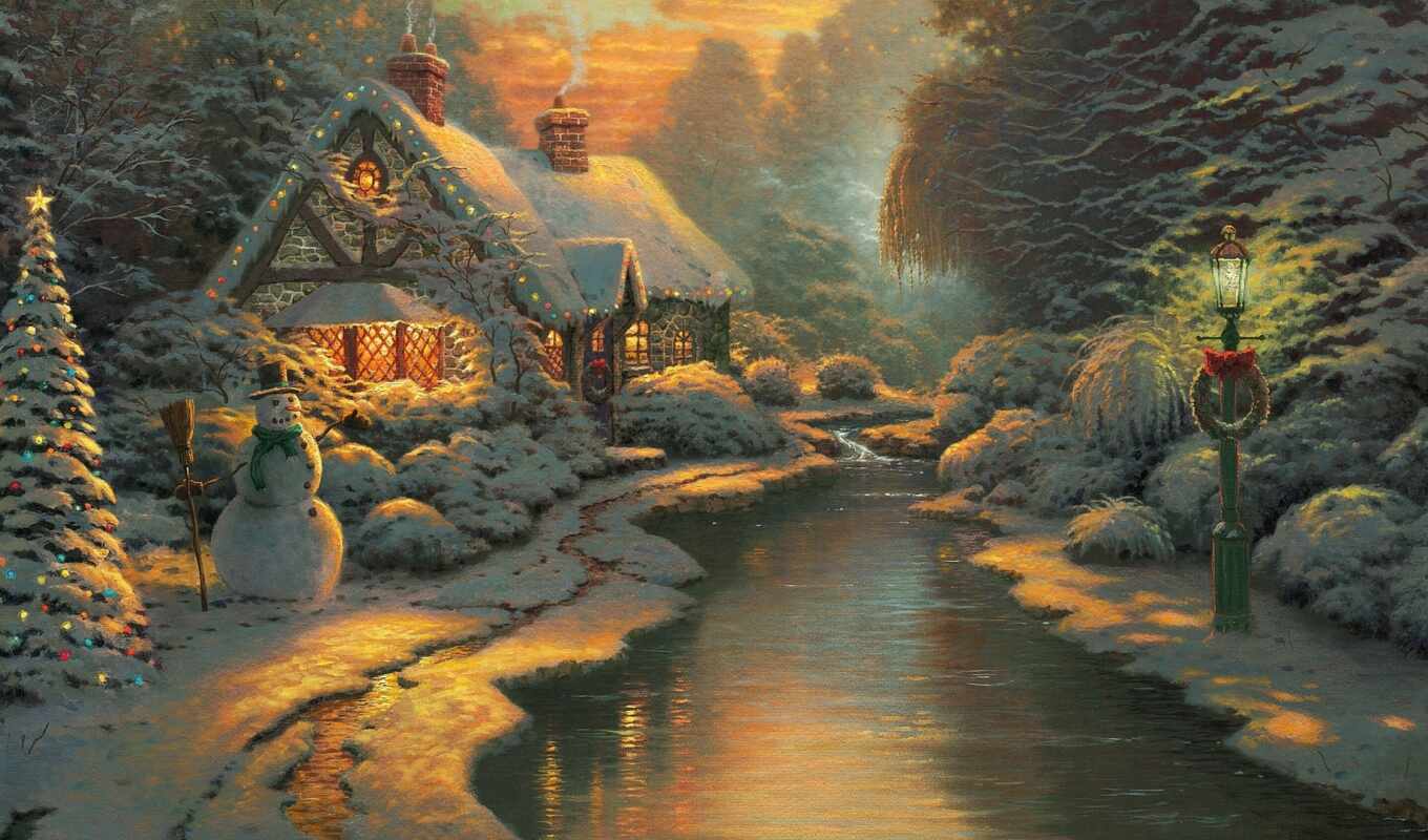 house, new, ночь, снег, winter, вечер, декабрь, год, праздник, garland, 