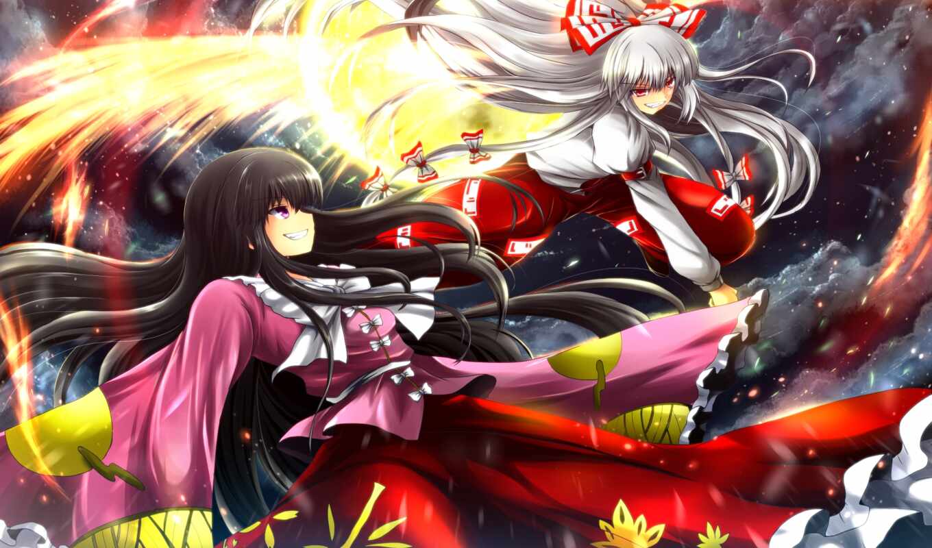 art, picture, picture, Red, girls, eyes, touhou, fire, battle, bantics