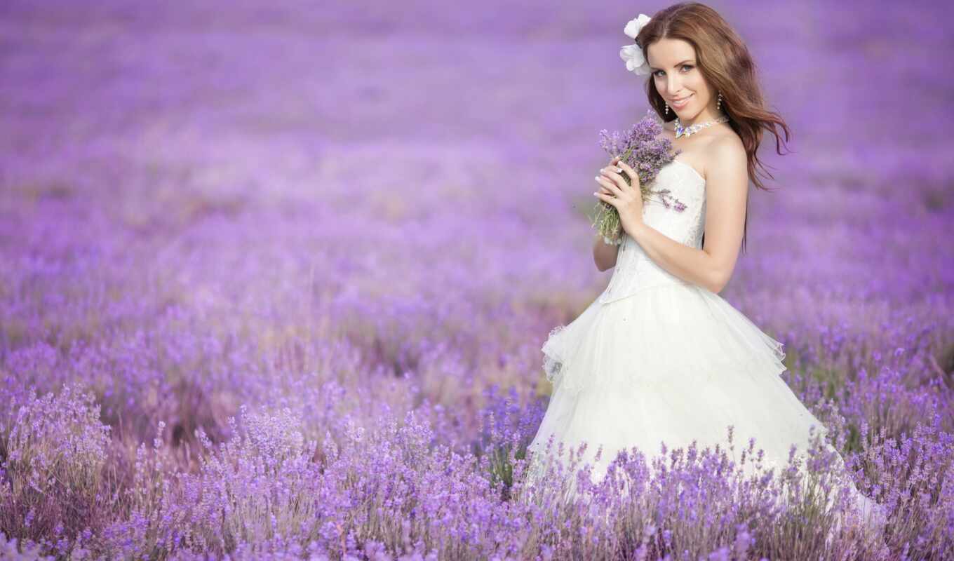 nature, girl, field, smile, bouquet, bride, margin, lavender