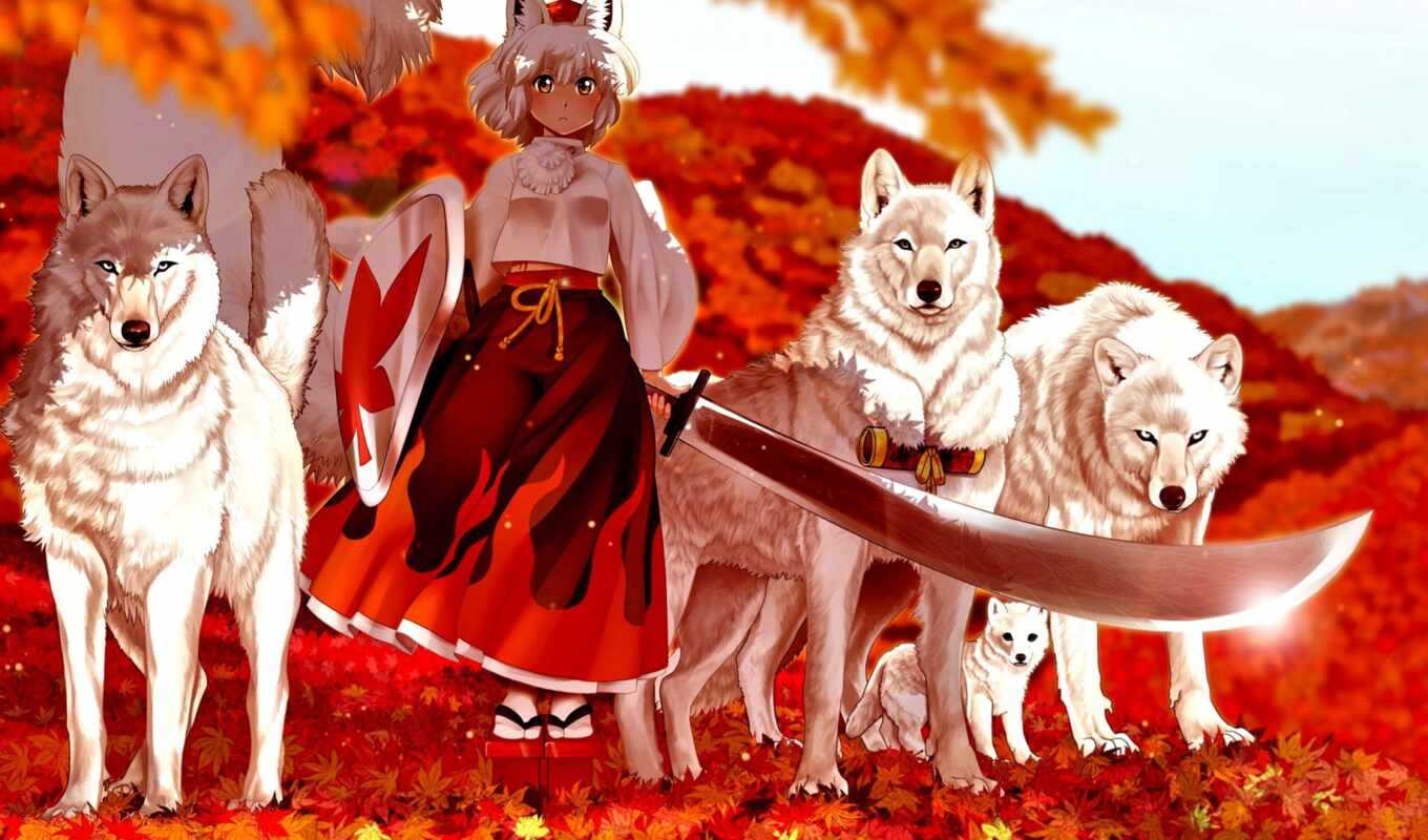 девушка, anime, меч, осень, anim, волк, овцы, кимоно