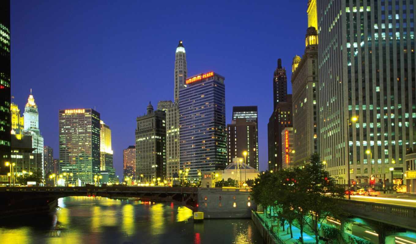 город, ночь, cityscape, skyline, площадь, во, небоскрёб, chicago, nighttime
