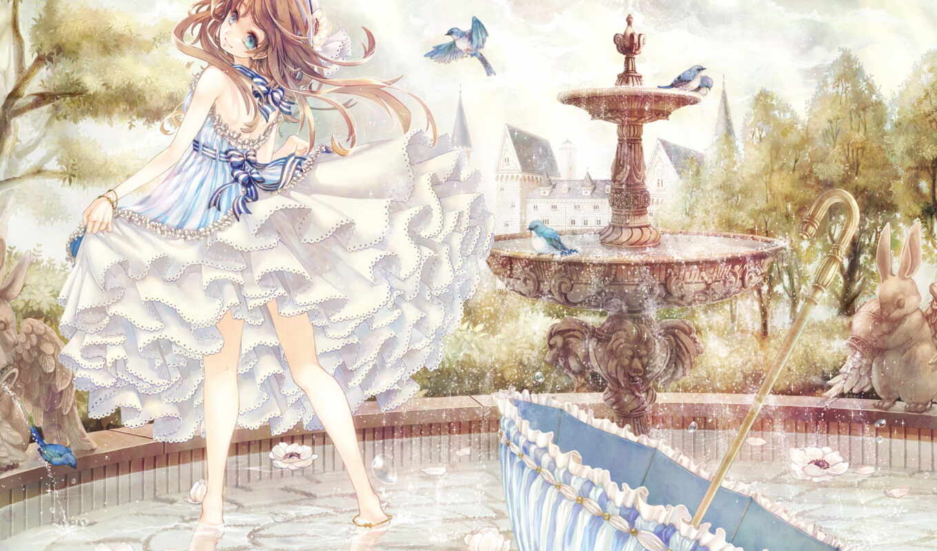 collection, girl, light, anime, blue, umbrella, fountain, birds, flying