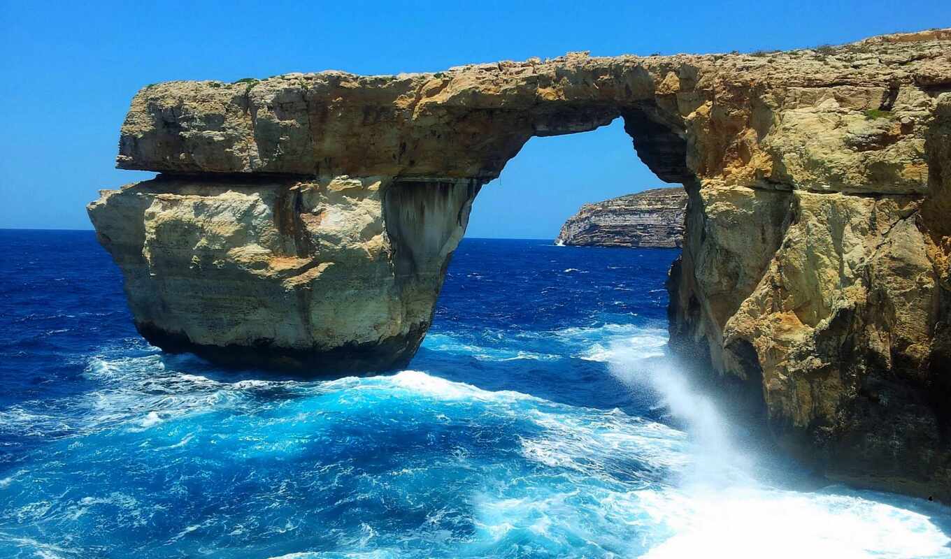 photo, window, rock, sea, island, coast, arch, natural, azure, malta