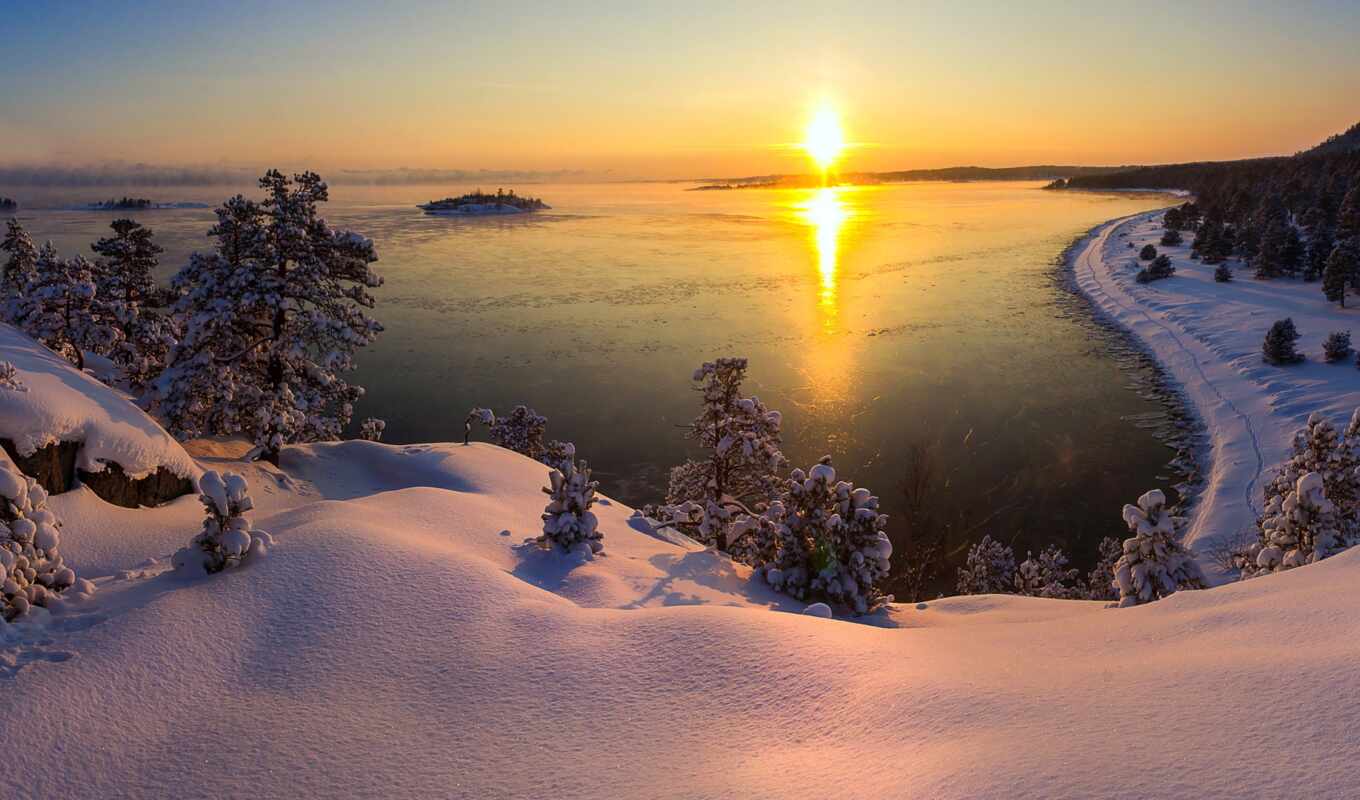 lake, nature, sun, tree, sunset, snow, winter, landscape, karelia