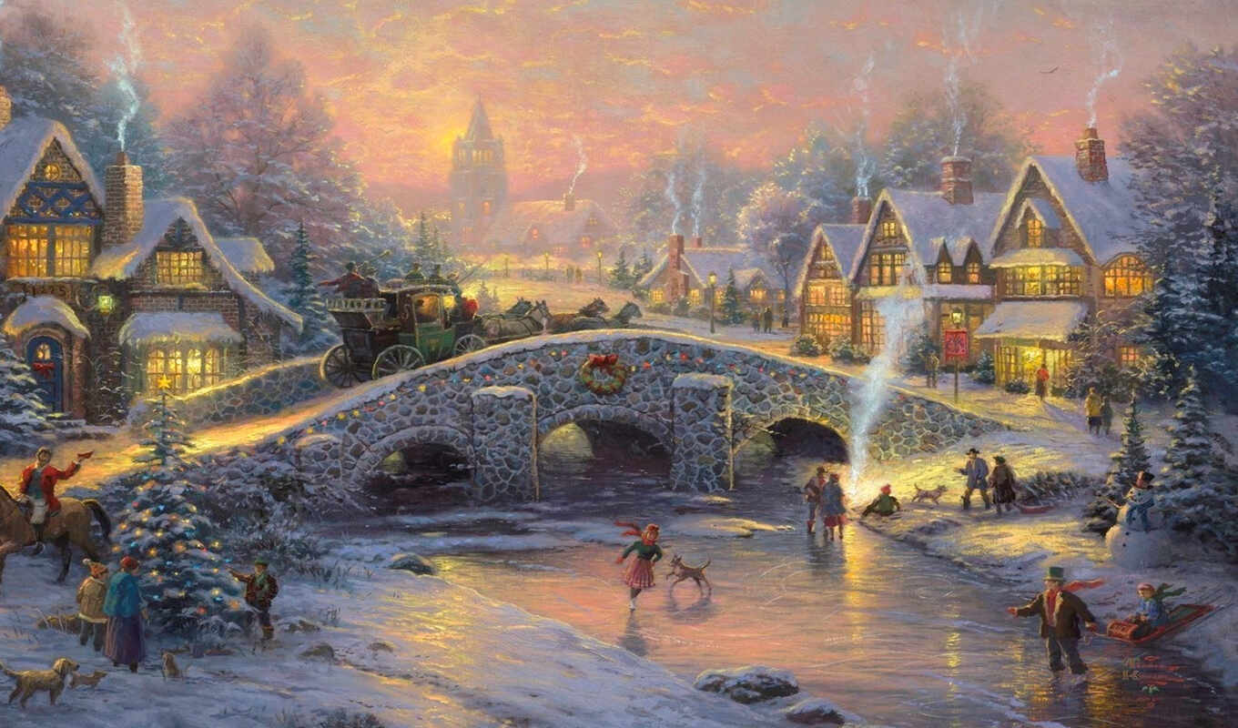дух, мост, красивая, christmas, кони, sledge, рождества, нарядная, coach, деревушка