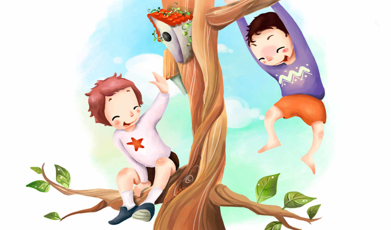 дерево, листья, дети, радость, скворечник