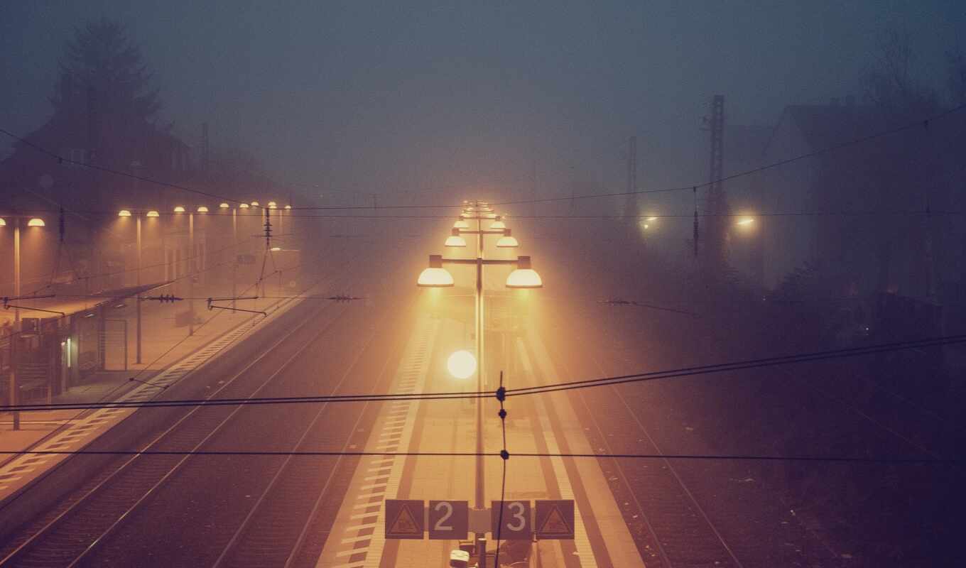 night, station, a train, lights, iron, mist