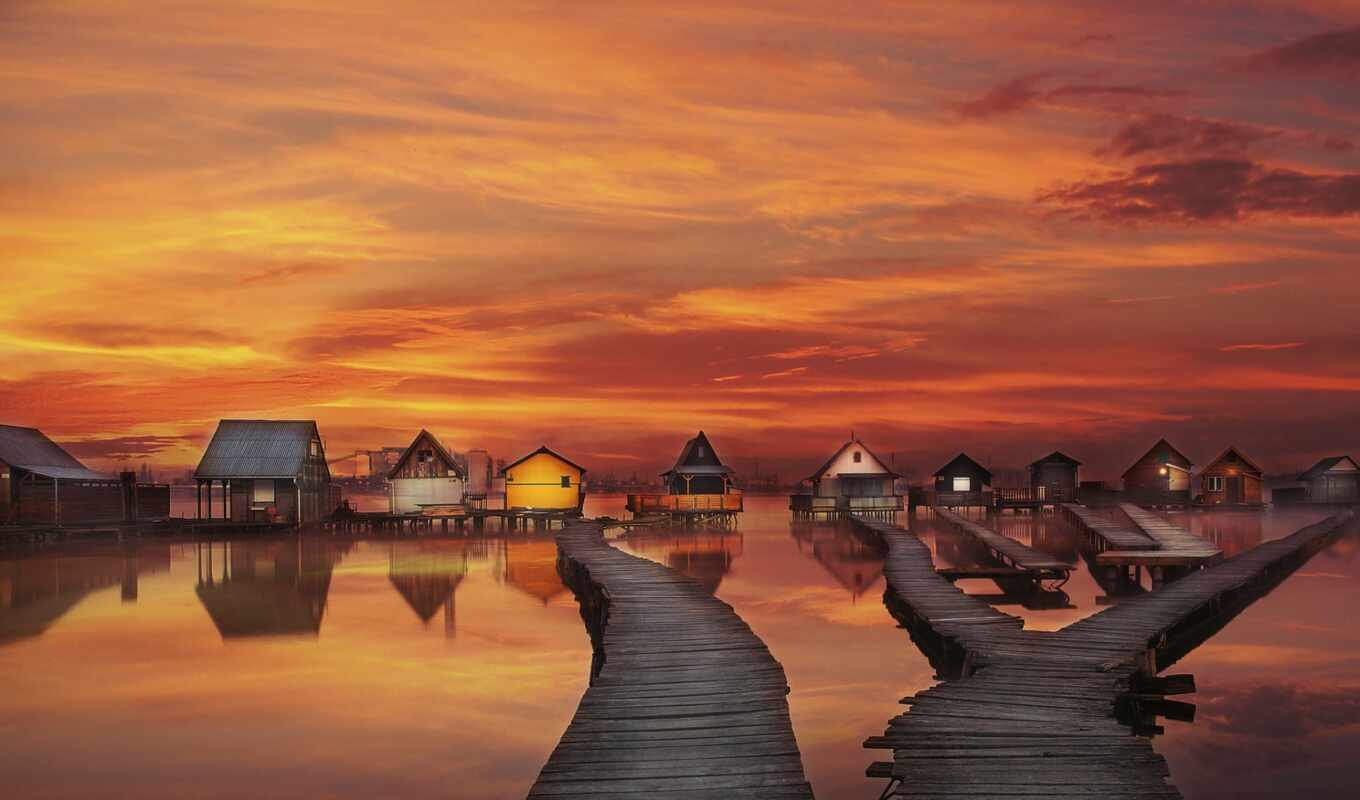 lake, sunset, houses, fishing, hungary, bokodi, arturas, huto, oroszlá