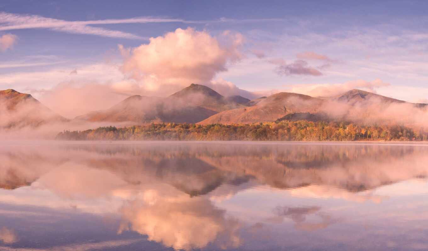 lake, picture, water, landscape, Great Britain, autumn, trees, mountains, reflection, clouds, weather forecast