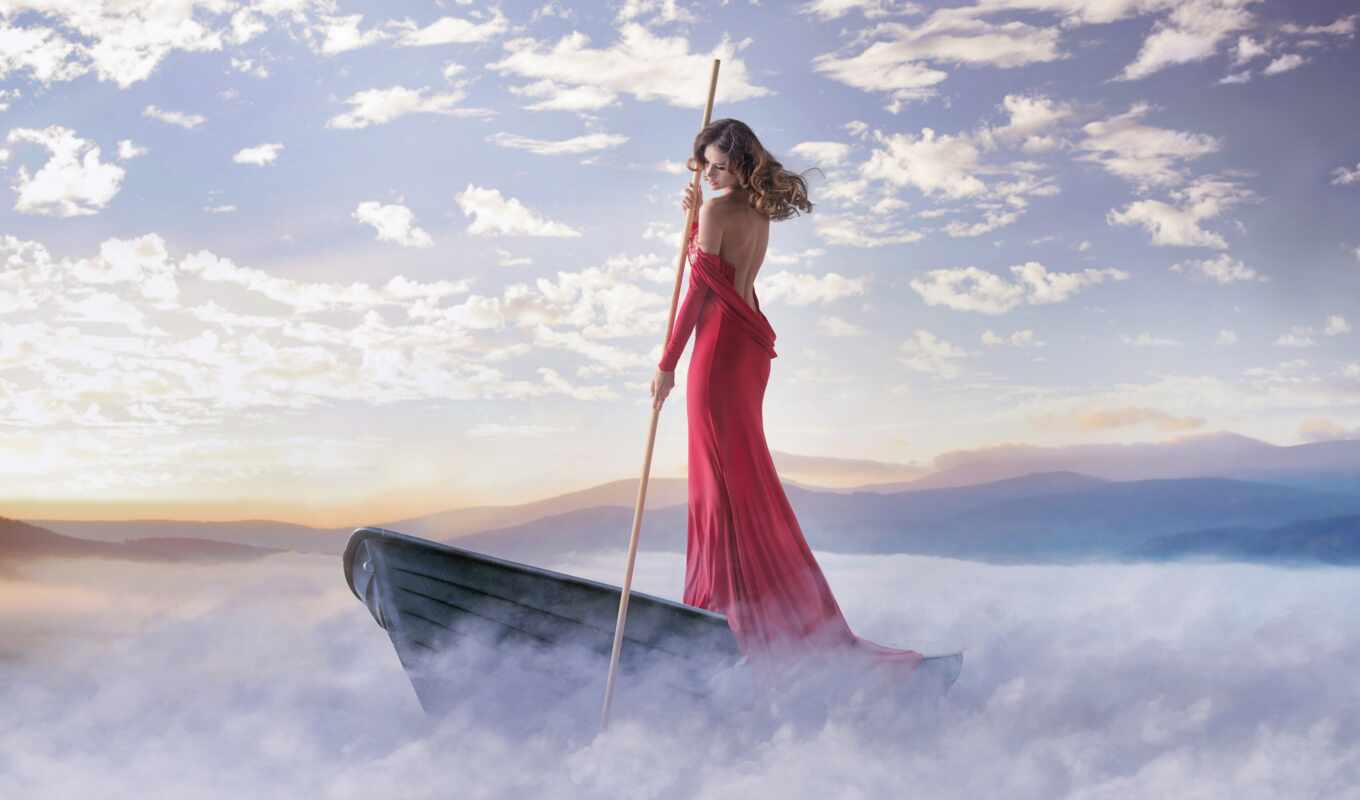 sky, girl, red, dress, cloud, coast, fog, a boat, float, stand, stokovyi
