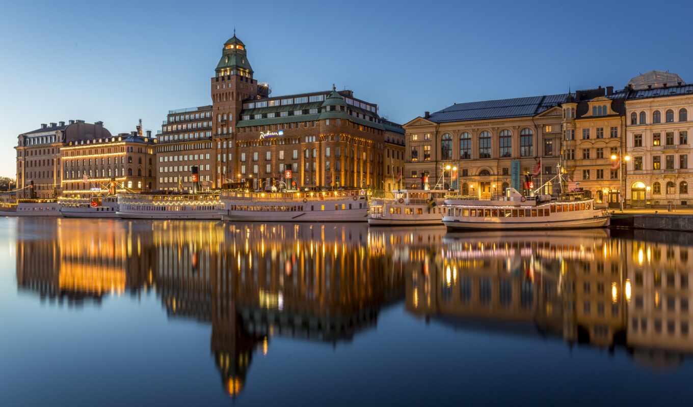 city, hotel, river, reflection, sweden, Europe, dusk, strand, stockholm, radisson