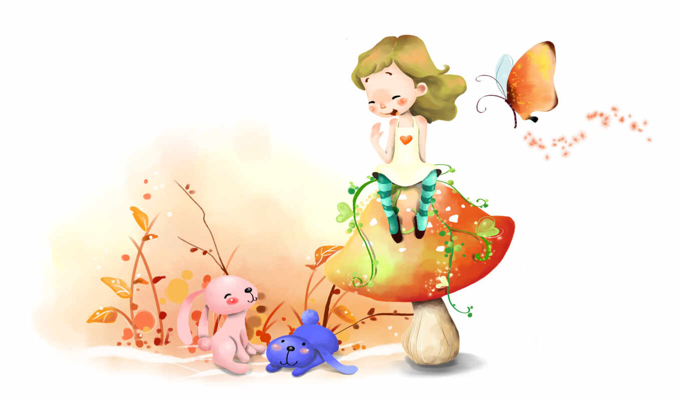 цветы, бабочка, девочка, зайцы, гриб, нарисованные