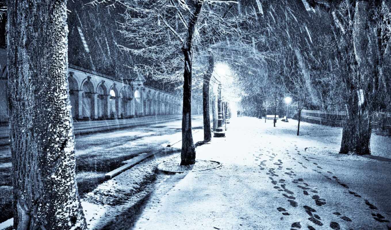 город, ночь, снег, улица