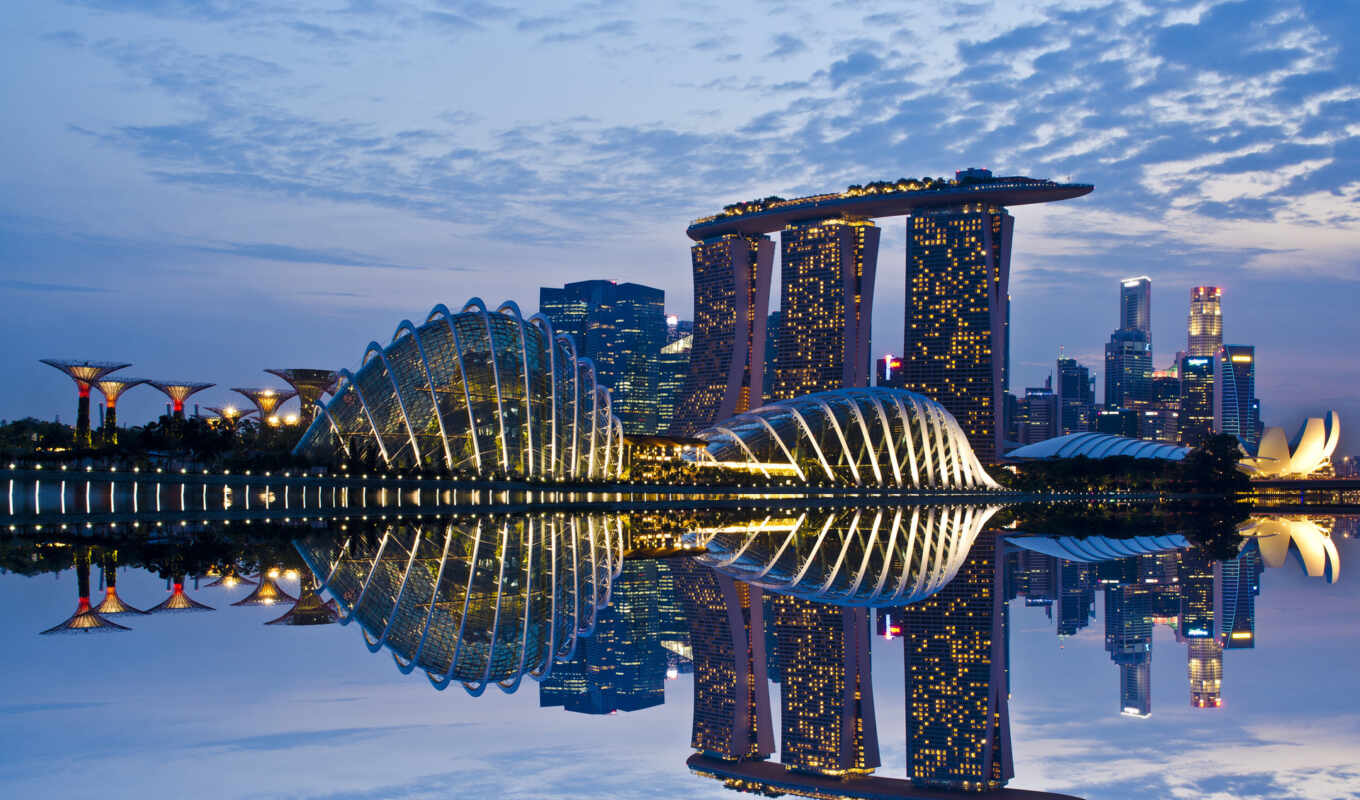 singapore, сингапур, bay, gardens, sky, skyscrapers, evening, architecture, lights, reflection, город, clouds, огни, отражение, wallpaper, city, hd, 
