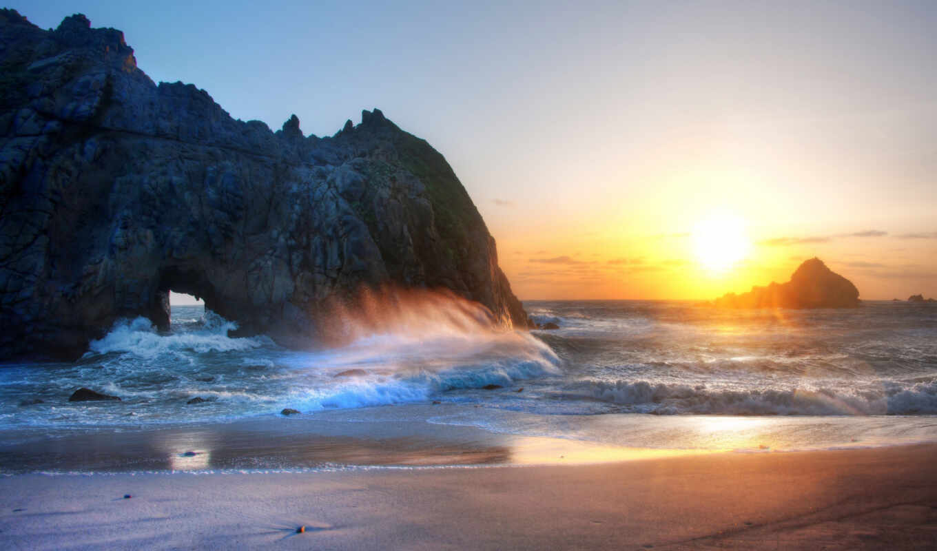 nature, sky, sunset, beach, sea, coast, sand, ocean, waves, rocks