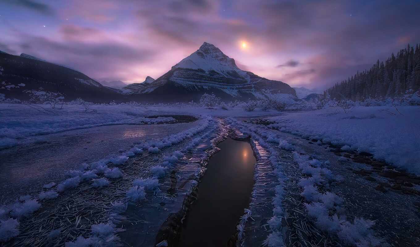 desktop, night, snow, winter, Canada, alberta, park, mountains, national, jasper