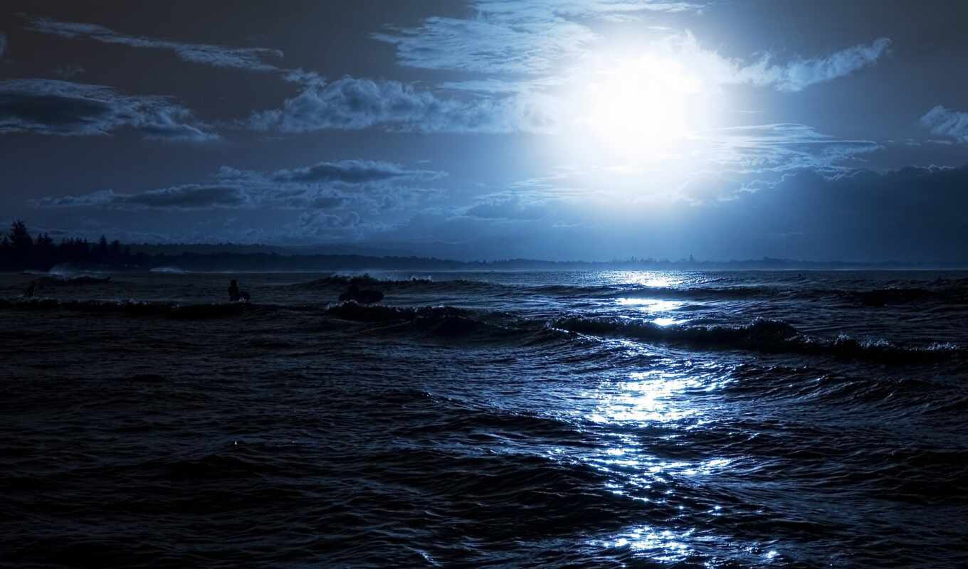 night, moon, sea, surfing, reflection, rays, waves, swim, at night