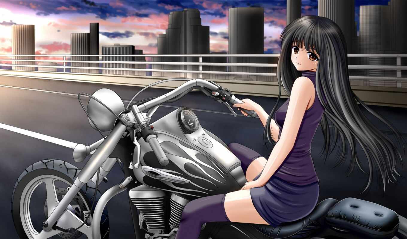 art, девушка, мотоцикл, anime, город, ночь, мост, manga, devushki, ilolamai