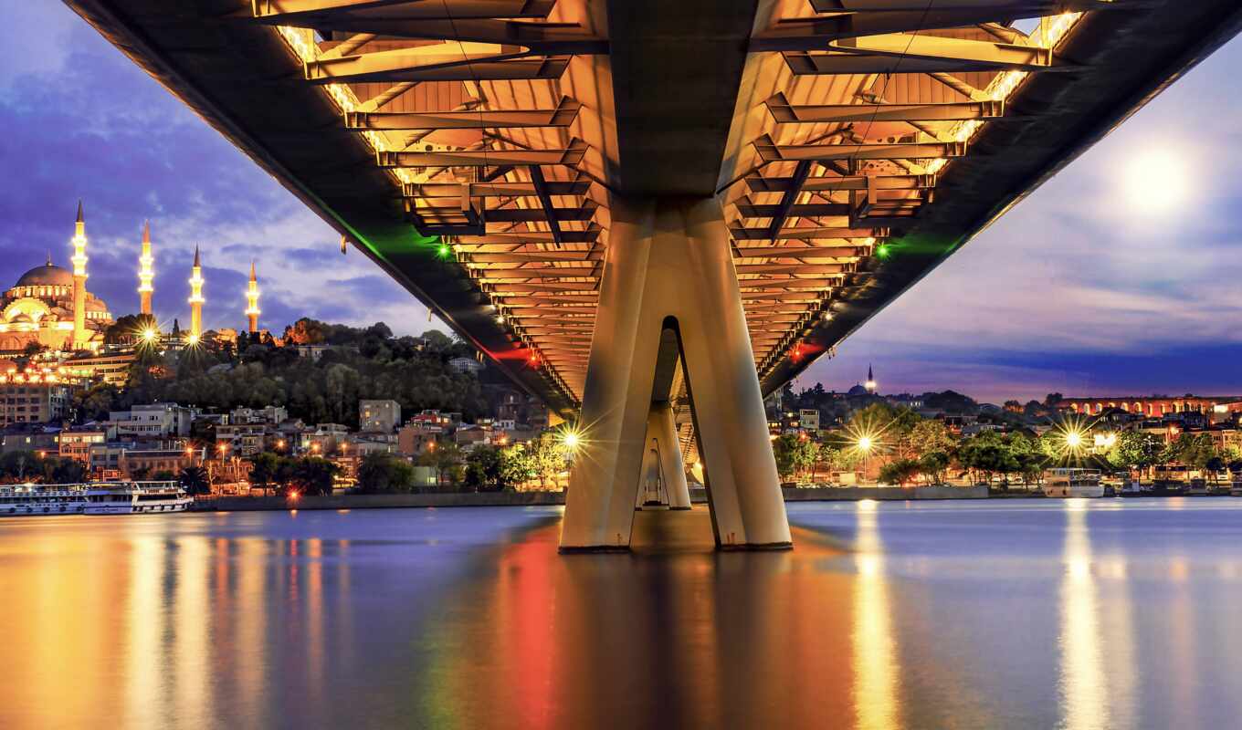 city, night, Bridge, metro, turkey, Istanbul, house, later