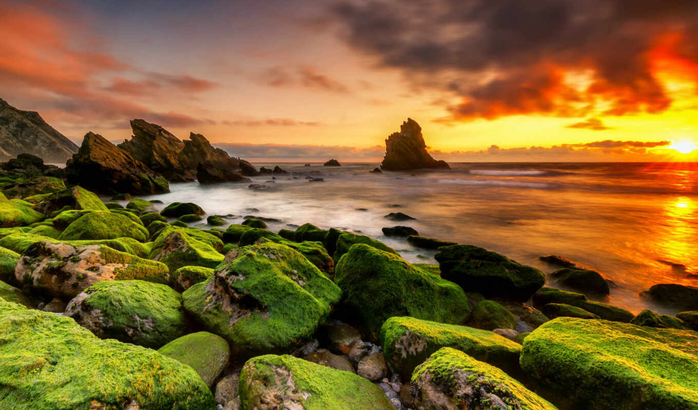 nature, sunset, beach, rock, screen, beach, sunrise, portugal, cliff, amanecere
