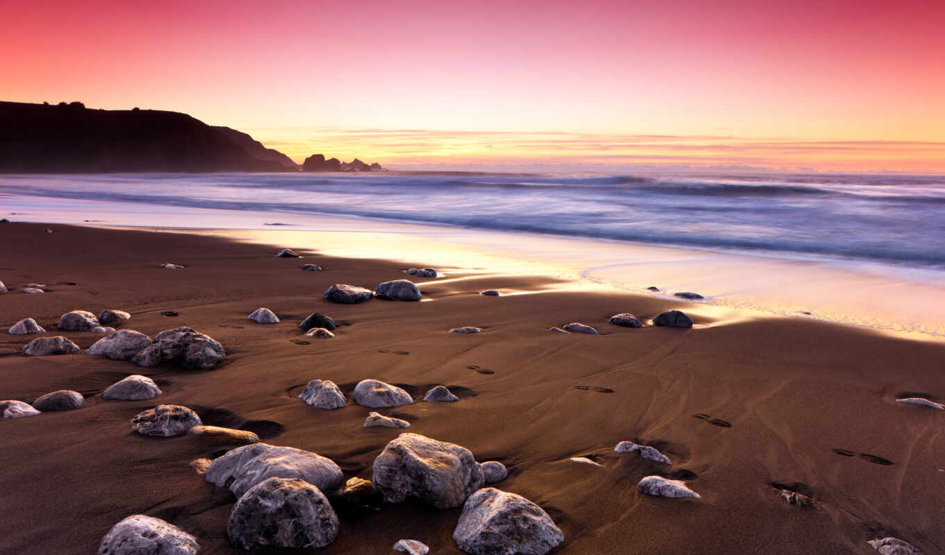 sky, sunset, beach, rock, sea, coast, sand, ocean, trails, cloud, stones