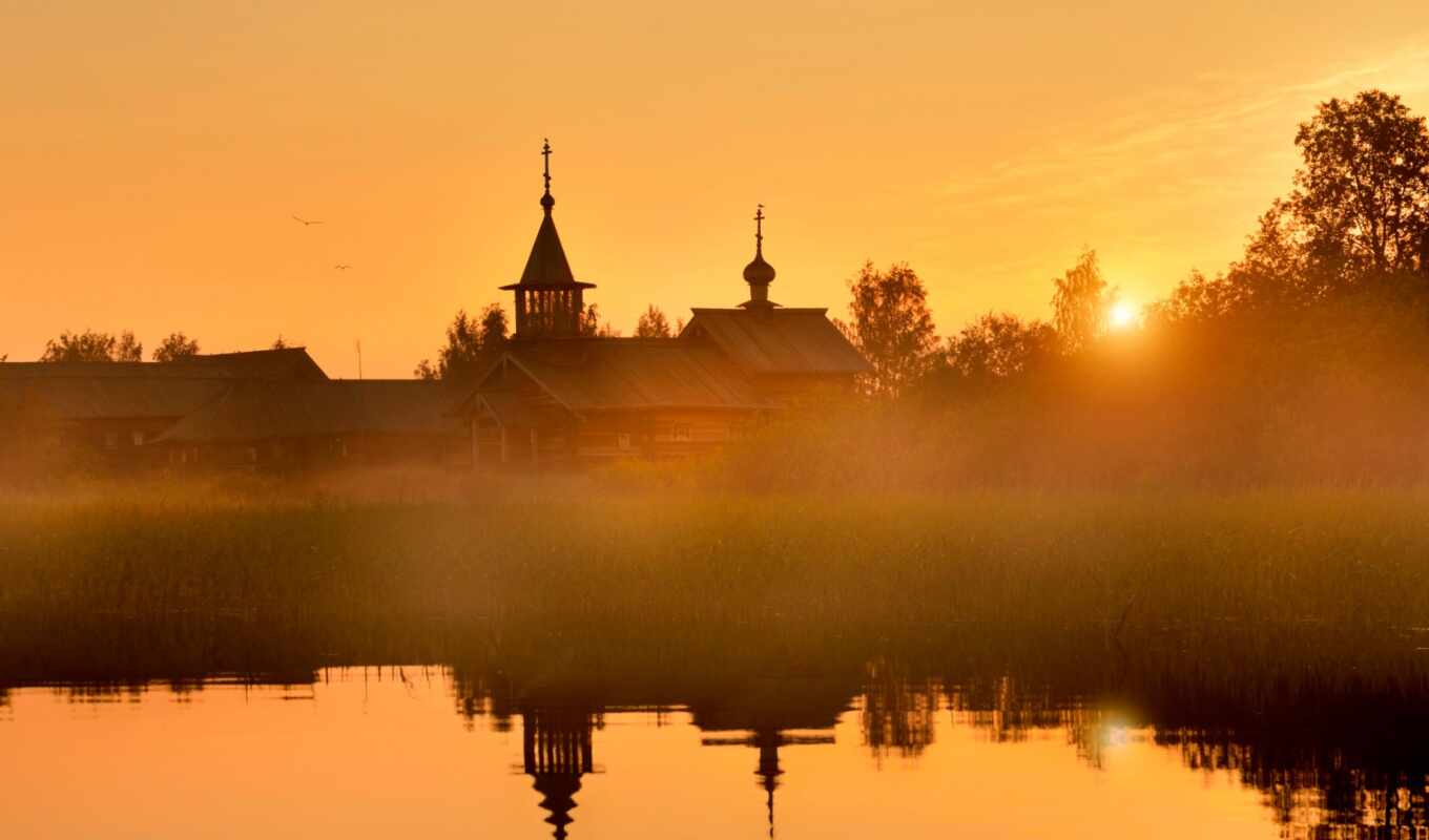lake, sunrise, square, Russia, island, village, fog, kizhi, karelia, ruskeal, vasilevo