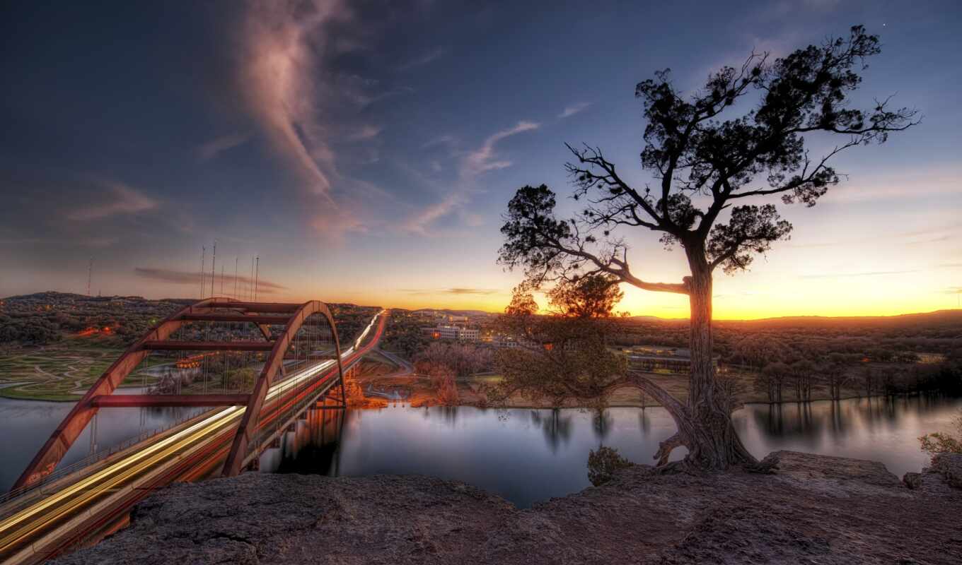picture, tree, sunset, Bridge, images, river, single, to share, to return, breakdown, austin