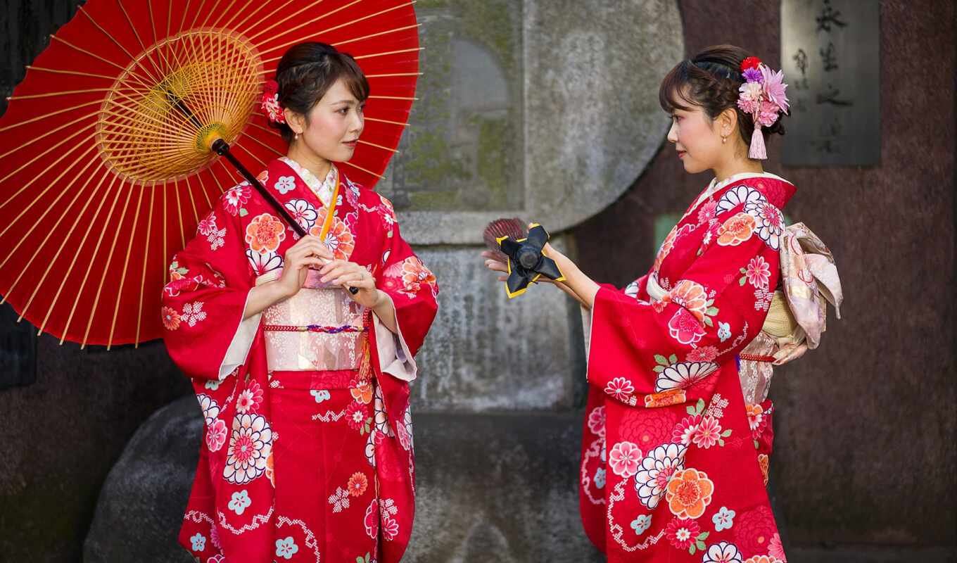 girl, woman, colors, red, anime, japanese, see, two, umbrella, kimono
