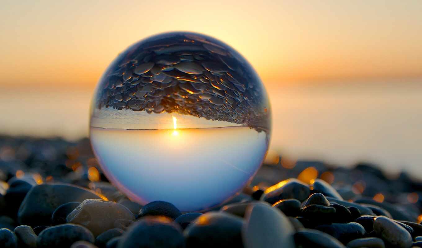 мяч, отражение, небо, природа, apple, sun, море, побережье, камень, галька