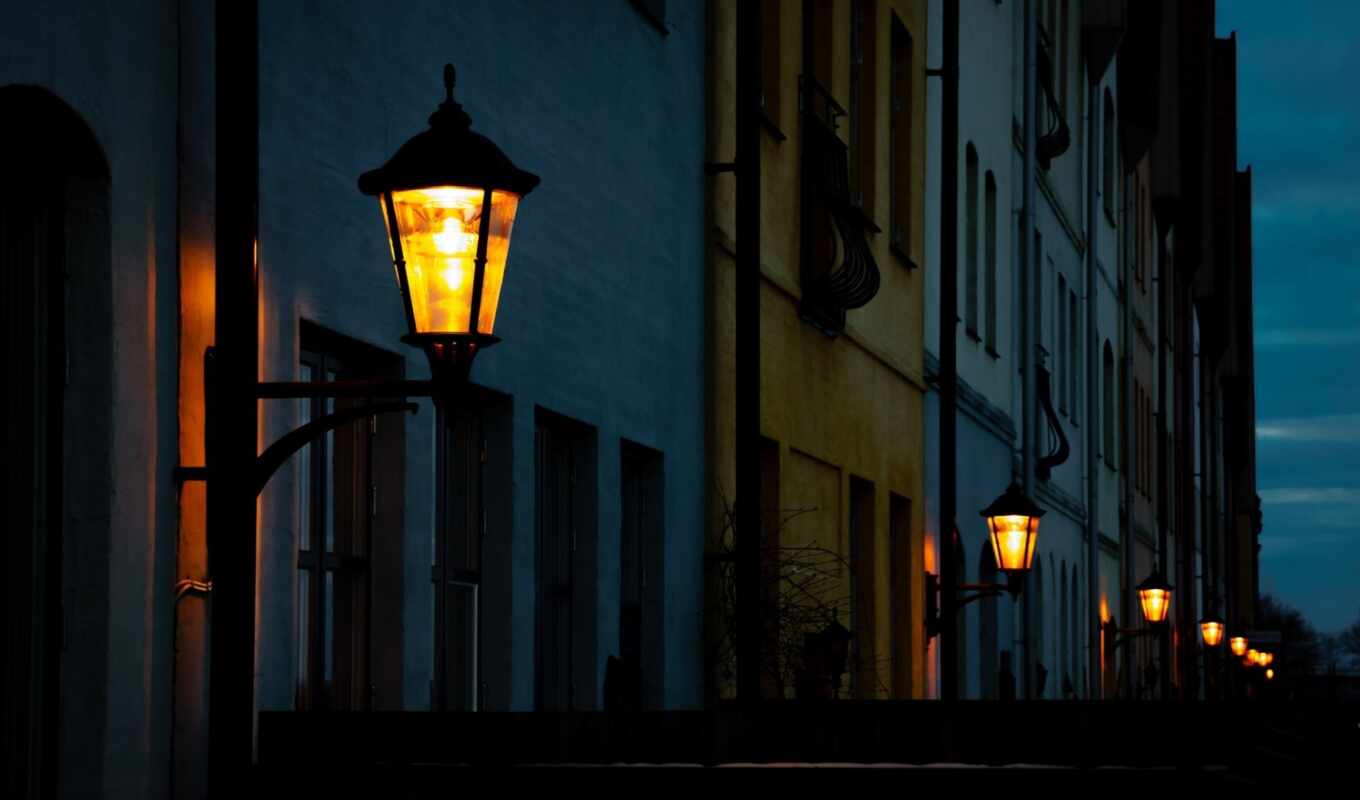 house, city, night, street, evening, lantern