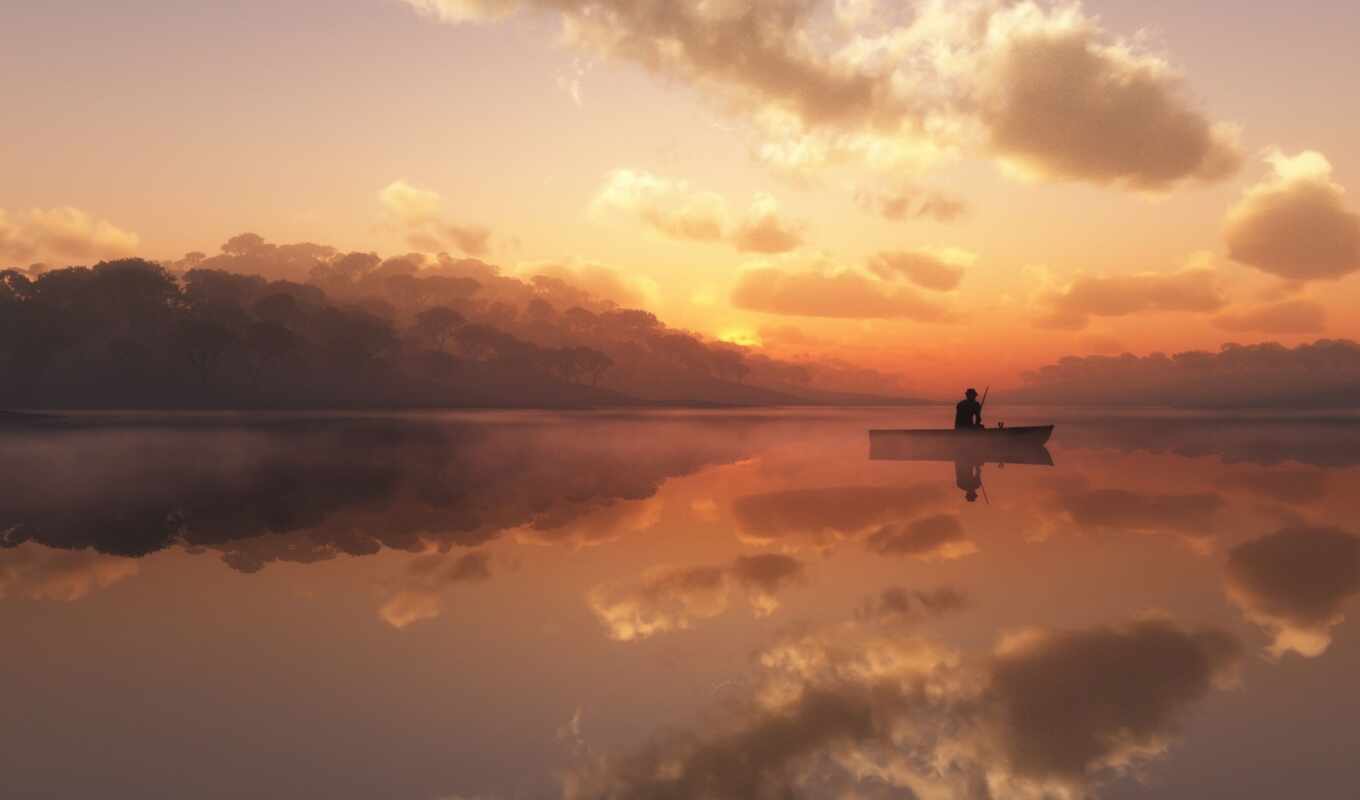 озеро, туман, лодка, одинокий, рыбак