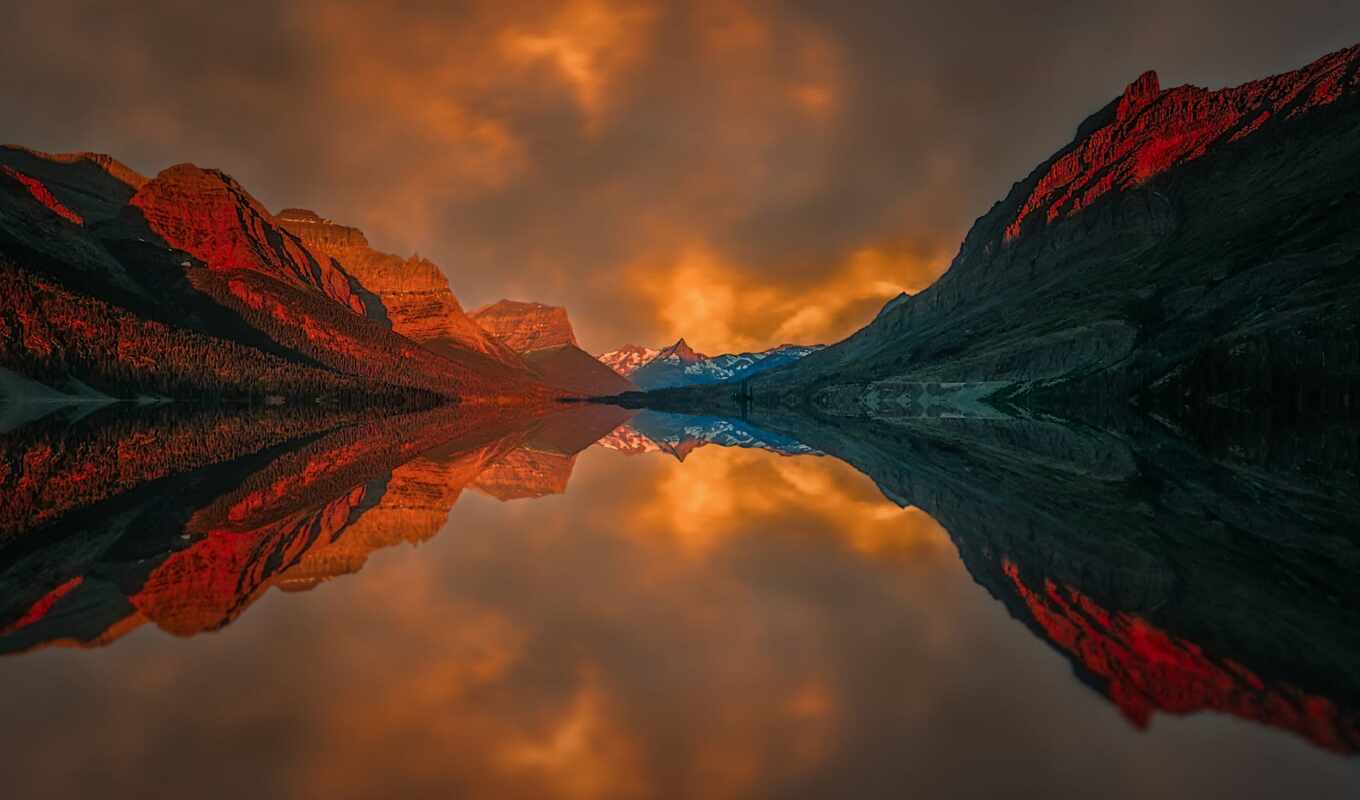 озеро, закат, отражение