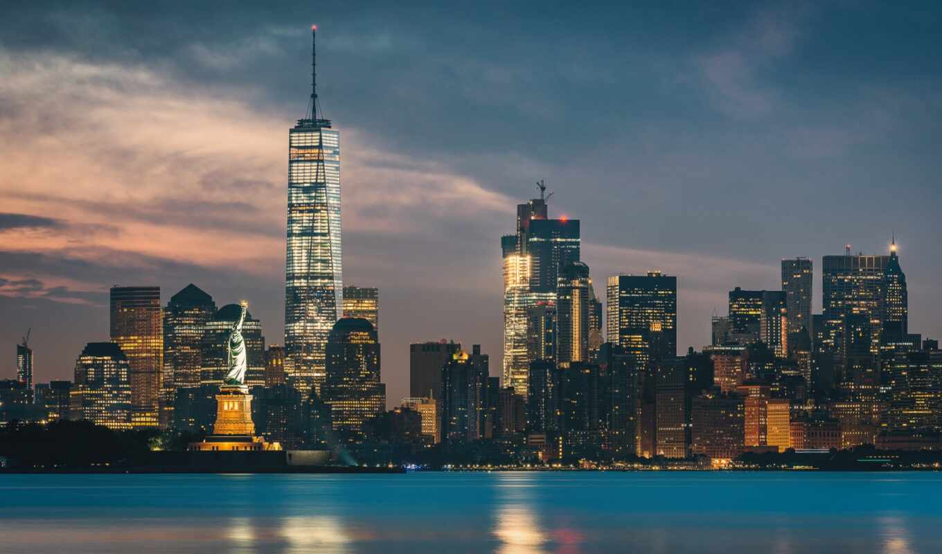 new, city, night, statue, usa, york, state, liberty, skyscraper, unite, pating