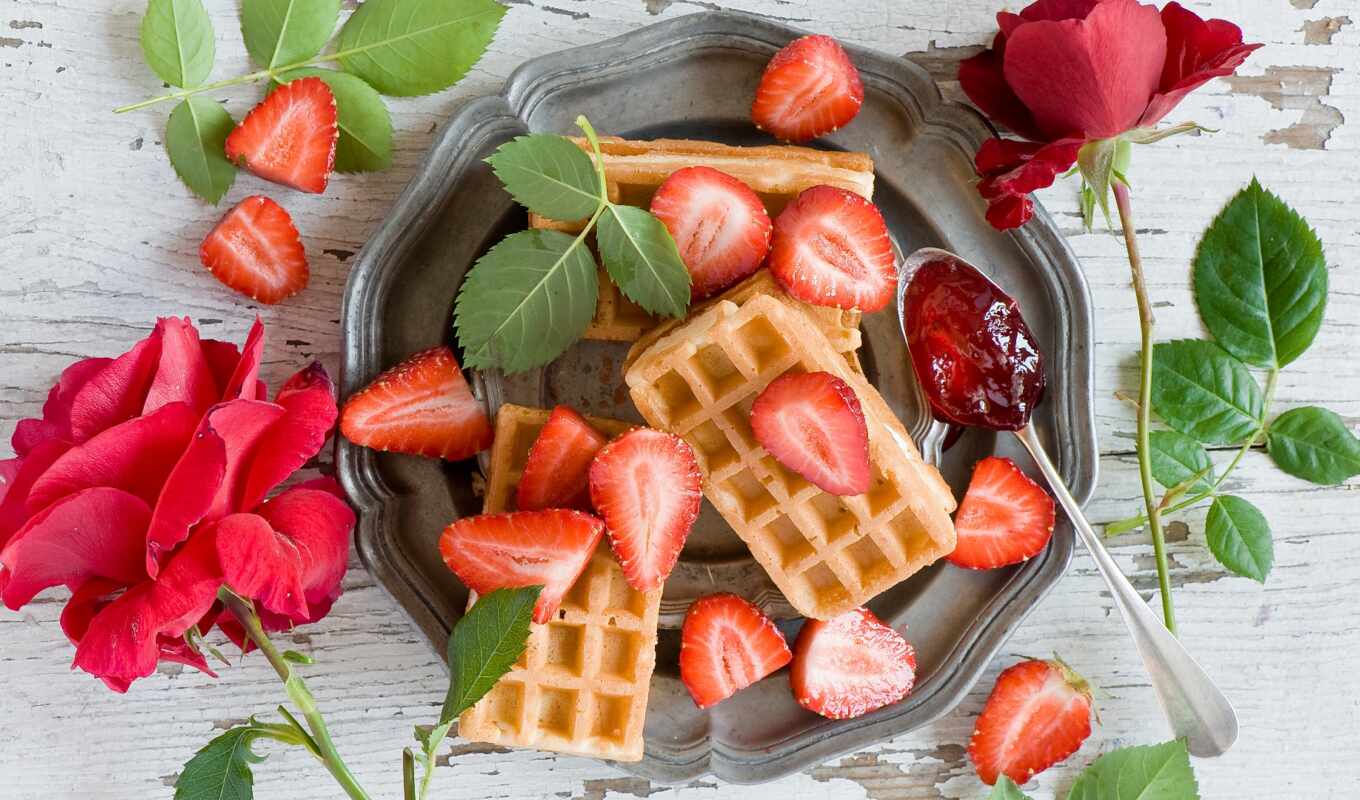 flowers, rose, meal, strawberry, decoration, berry, waffle