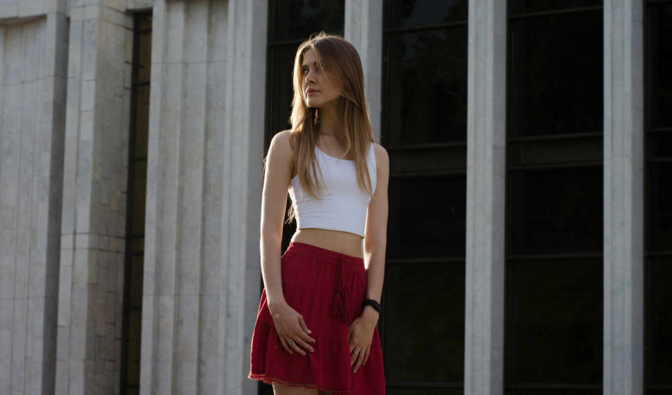 photo, girl, background, red, model, skirt, outdoors