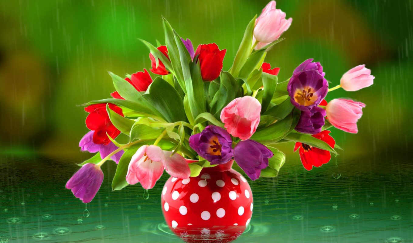 цветы, капли, дождь, water, красивые, тюльпаны, букет, ваза