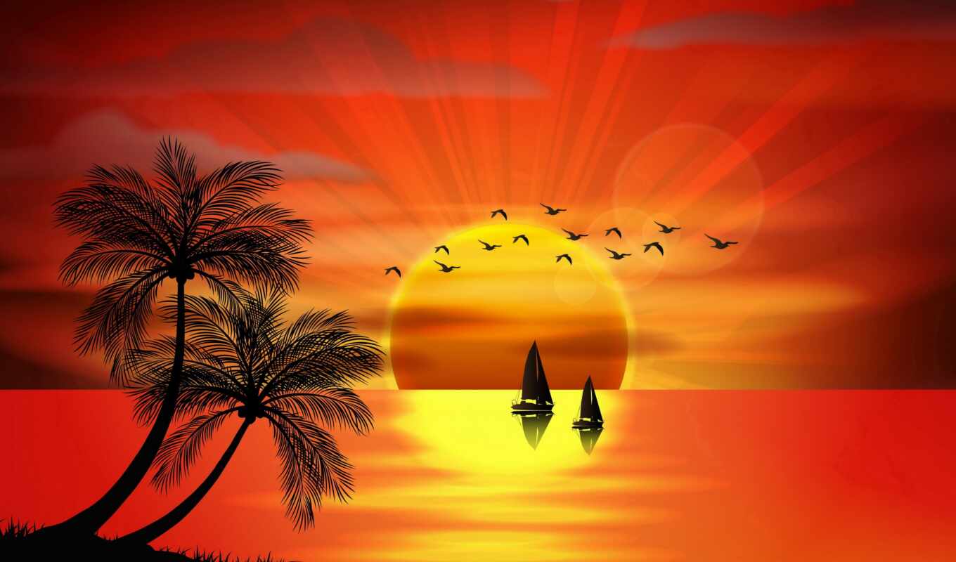 art, graphics, vector, creative, sunset, sea, palm trees, pallets, tropics